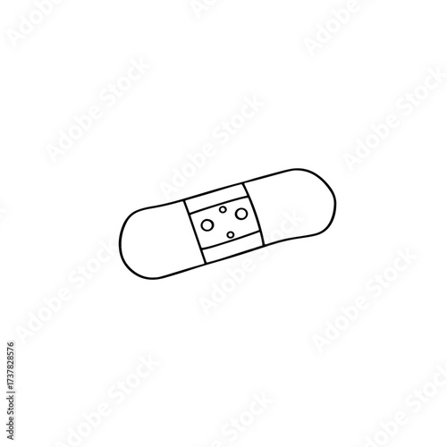 Simple outline drawing presents medical bandage, a classic first aid item. Flexible protective patch with central pad, vital medical bandage for minor injuries.