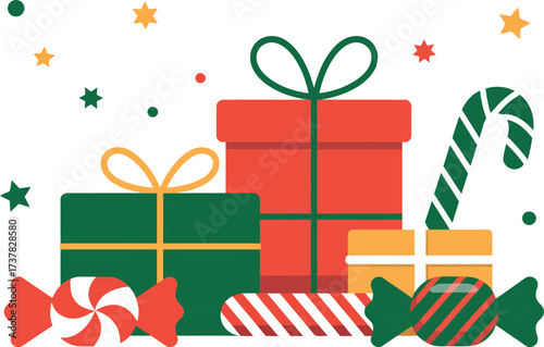 Festive christmas gifts and candies with stars on a white background art