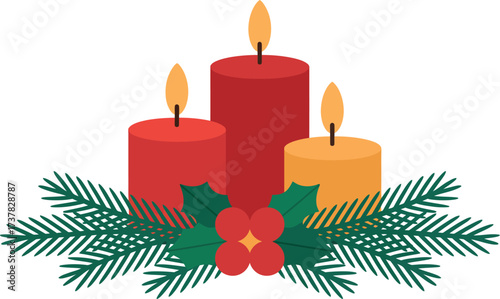 Three candles with flames surrounded by holly leaves and pine needles decor