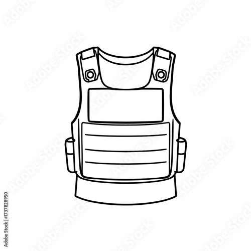 Vector tactical bulletproof vest in black lines on white background for security and protection concepts.
