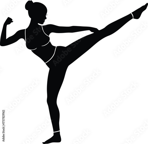  Woman practicing high kick martial arts exercise in black leggings and white top silhouette vector illustration