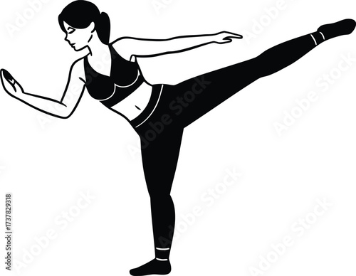  Woman practicing high kick martial arts exercise in black leggings and white top silhouette vector illustration