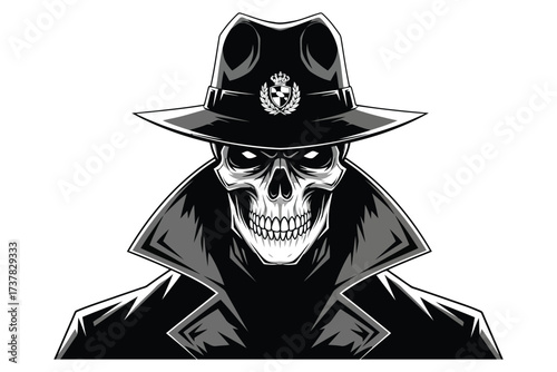 Vector art of a menacing skull dons a fedora and trench coat, , evoking a sense of mystery and danger, perfect for themes of crime, horror, or the supernatural