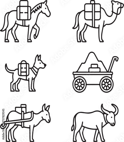Animal Cargo Outline Icons Set – Horse with Pack, Dog with Backpack, Camel with Cargo, Donkey Cart, Oxen, Transport Animals