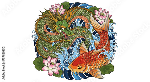 A captivating depiction of a traditional dragon and koi fish design featuring elegant water lilies