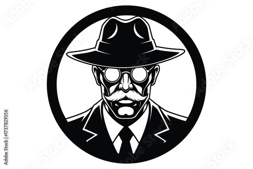 Vector art of a mysterious man in a fedora and glasses, rendered in stark black and white, exudes an air of intrigue and authority, a symbol of enigma
