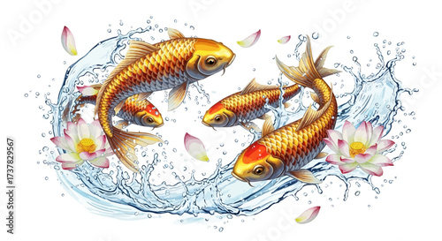 Elegant koi fish illustration, swimming through water with lotus flowers and floating petals
