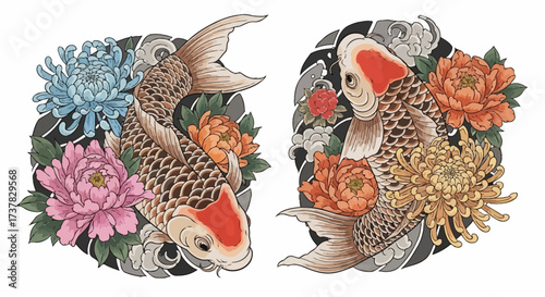 Elegant koi fish illustration with colorful floral accents and a flowing water effect creating a