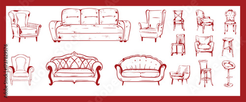 Doodle sketch of living room furniture, hand-drawn in different sizes and types, modern and vintage. Scandinavian furniture Interior elements Boho style. Vector illustration