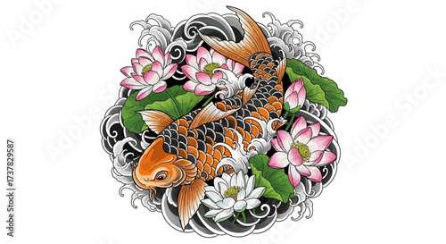 Watercolor Koi Fish with Lotus Flowers Artistic Oriental Illustration with Intricate Details