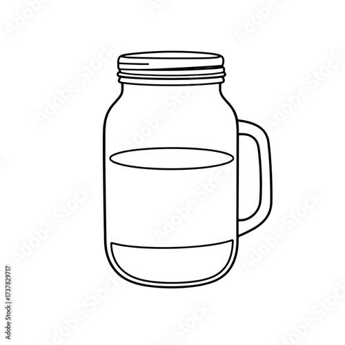 Line art depiction of mason jar, classic glass container with side handle and twist lid, displaying small amount of liquid inside. Transparent mason jar outline,