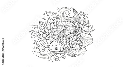 Elegant monochrome illustration of a koi fish surrounded by lotus flowers and flowing water