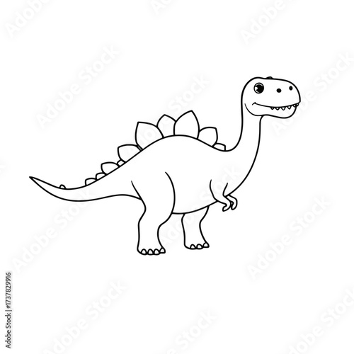 Black outline cartoon dinosaur character isolated on white background. Happy stegosaurus like dinosaur with dorsal plates, smiling creature for children activity.