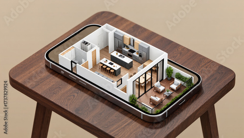 Apartment floor plan displayed in augmented reality application on smartphone screen suitable for property marketing interior design services virtual tours and online real estate presentations