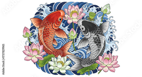 Harmonious Koi Carp Duo with Lotus Blossoms Serene Aquatic Artwork and Water Waves