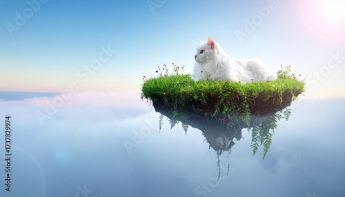 Majestic White Cat on a Floating Green Island in a Misty Sky with Wildflowers, Soft Gradient Blues and Pinks, and Ethereal Glow – Magical, Serene, Dreamy Fantasy Landscape Scene