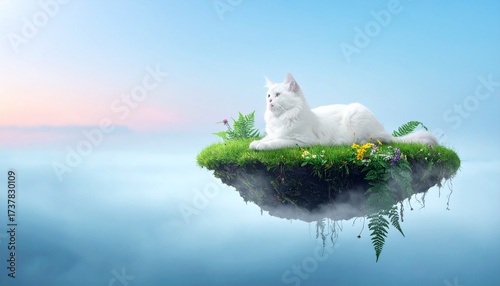 Majestic White Cat on a Floating Green Island in a Misty Sky with Wildflowers, Soft Gradient Blues and Pinks, and Ethereal Glow – Magical, Serene, Dreamy Fantasy Landscape Scene