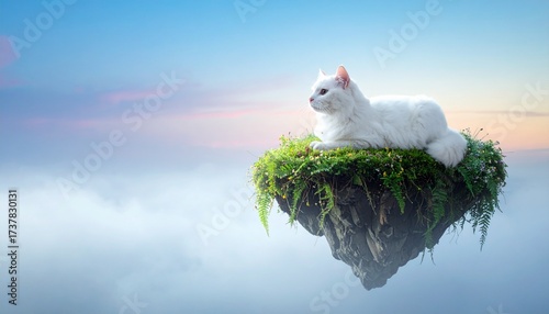 Majestic White Cat on a Floating Green Island in a Misty Sky with Wildflowers, Soft Gradient Blues and Pinks, and Ethereal Glow – Magical, Serene, Dreamy Fantasy Landscape Scene