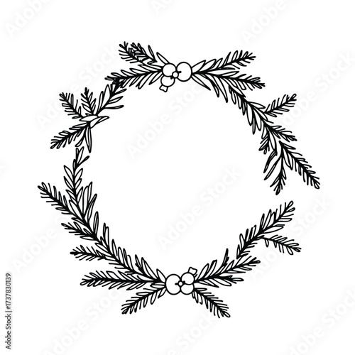 Christmas wreath illustration with evergreen branches on white background depicts Рождественский венок иллюстрация с вечнозелеными ветвями на белом фоне, seasonal decor, and graphic foliage.