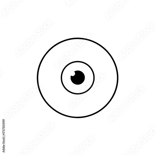 Black and white eye drawing with pupil, iris, and simple outline, for graphic designs. Eye drawing for infographics. Eye drawing is an abstract symbol, usable as a logo, or for illustrating sight,