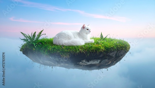 Majestic White Cat on a Floating Green Island in a Misty Sky with Wildflowers, Soft Gradient Blues and Pinks, and Ethereal Glow – Magical, Serene, Dreamy Fantasy Landscape Scene