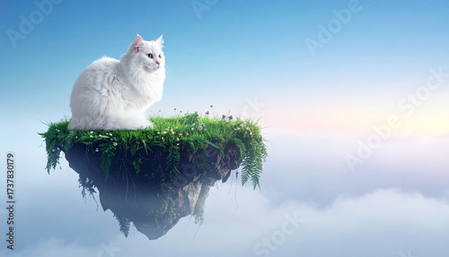 Majestic White Cat on a Floating Green Island in a Misty Sky with Wildflowers, Soft Gradient Blues and Pinks, and Ethereal Glow – Magical, Serene, Dreamy Fantasy Landscape Scene
