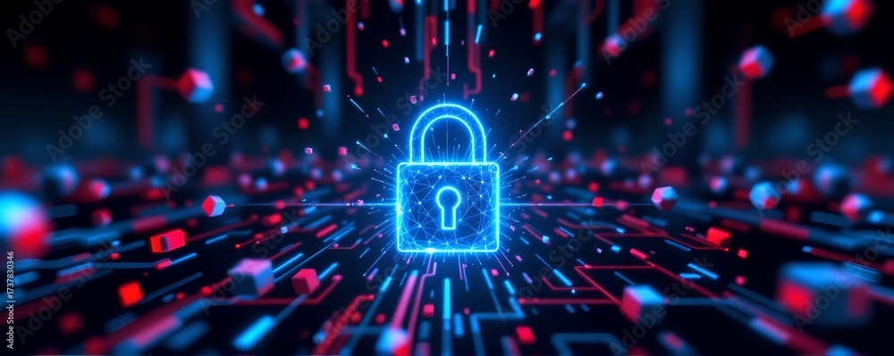 Fototapeta premium Digital lock made of glowing neon polygons, cyber protection concept, blue tech grid