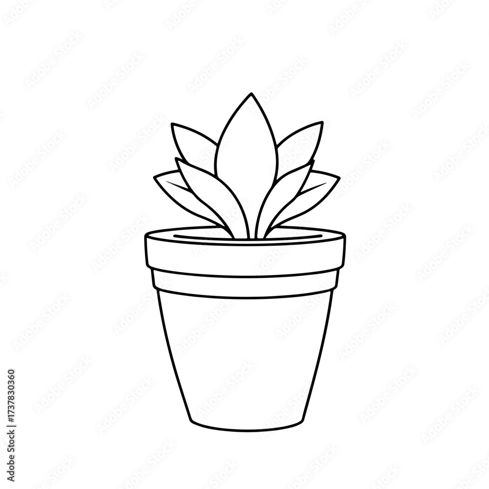 Fototapeta premium Potted plant illustration in black and white features simple line drawing, potted plant with stylized leaves in decorative pot.