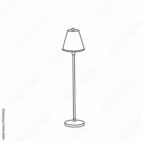 Floor lamp displayed in minimalist style for interior decoration ideas, creating simple ambiance. Floor lamp design illustrates light fixture with shade and stand for interior furnishing.