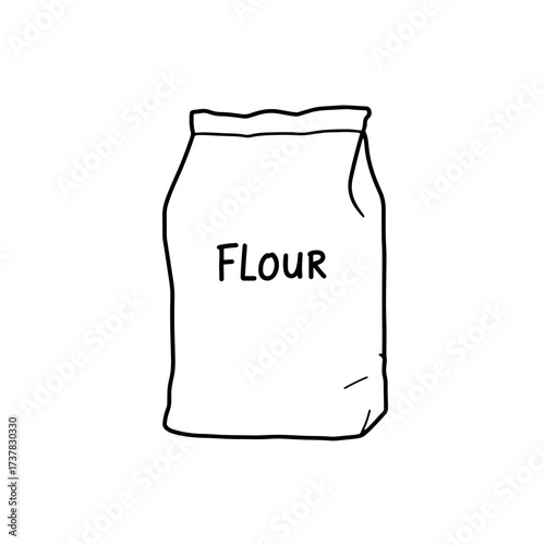 Line art illustration of flour bag, basic illustration of flour bag in white and gray. Simple illustration includes drawing of flour bag with white background.