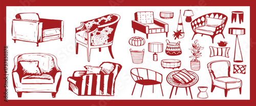 Doodle sketch of living room furniture, hand-drawn in different sizes and types, modern and vintage. Scandinavian furniture Interior elements Boho style. Vector illustration