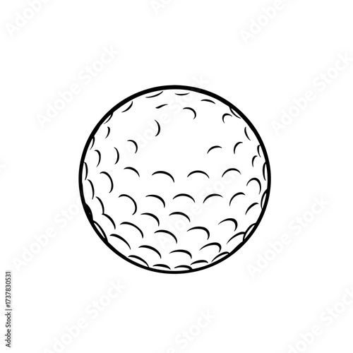 Depiction of golf ball, classic white sphere with dimpled surface, simple lines representing ball, black outlines capturing sphere. This golf ball is typical of equipment found on golf course,