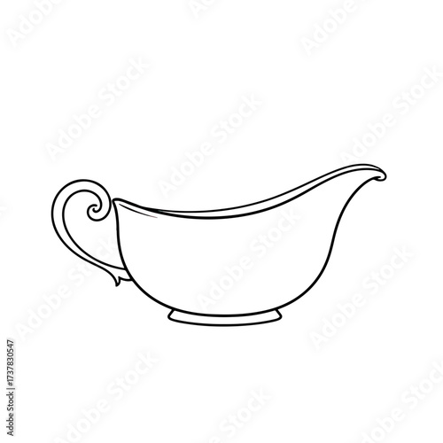 Simple sauce boat, outlined gravy boat with an elegant, curved handle. Sauce boat design is outlined, a classic gravy boat form. Use simple sauce boat image as a template or coloring page,