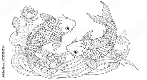 Elegant koi fish illustration with lotus flowers ideal for coloring pages and design projects