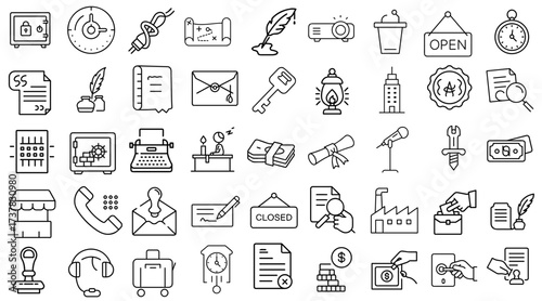 Collection of various office icons in monochrome style  