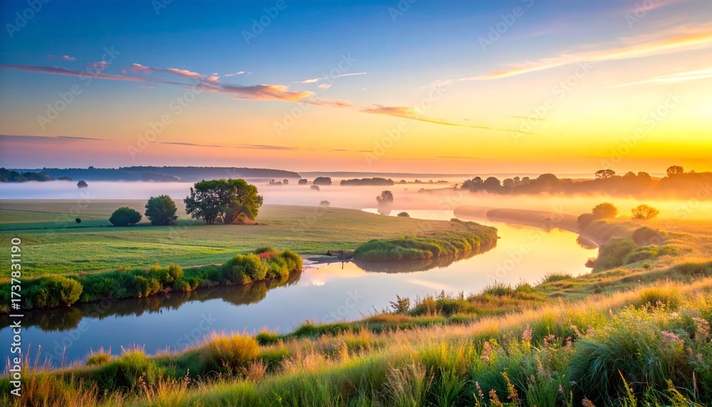 Obraz premium Sunrise golden light over calm river and misty meadow landscape