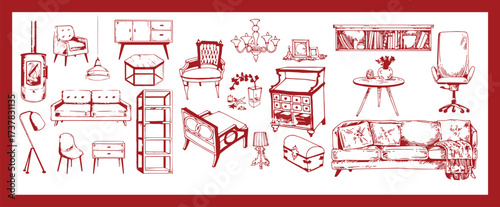 Doodle sketch of living room furniture, hand-drawn in different sizes and types, modern and vintage. Scandinavian furniture Interior elements Boho style. Vector illustration