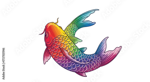 Vibrant pair of koi fish with spectrum hues create a striking and elegant composition on a white