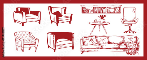 Doodle sketch of living room furniture, hand-drawn in different sizes and types, modern and vintage. Scandinavian furniture Interior elements Boho style. Vector illustration