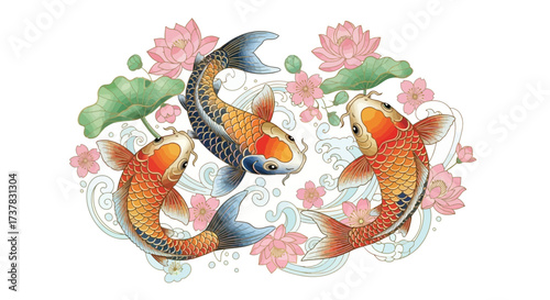 Watercolor illustration featuring elegant koi fish swimming amidst lotus flowers and sakura blossoms