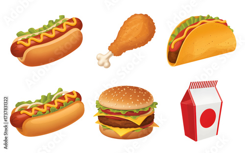 A collection of six detailed fast food illustrations, including hot dogs, a hamburger, fried chicken, a taco, and a drink, isolated on a white background.