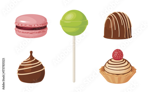 A colorful collection of six sweet confectionery items, including a macaron, lollipop, chocolates, and a raspberry tartlet.