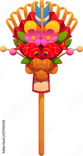 Cartoon Japanese new year kumade decoration, traditionally used to bring good fortune and prosperity, features symbolic elements like flowers, fish, and lucky charms on a rake shaped structure
