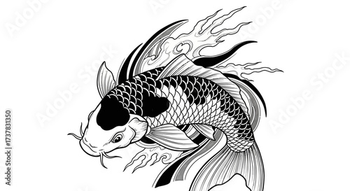 Elegant monochrome koi carp artwork showcasing traditional Japanese design elements with stylized