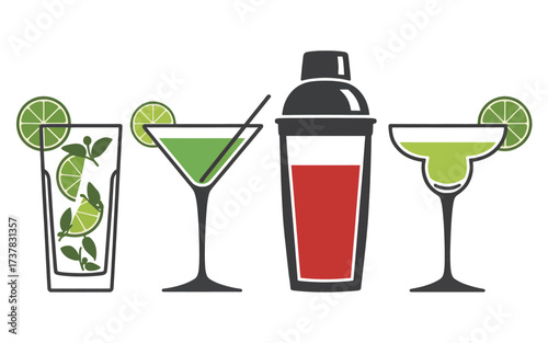 A set of four cocktail illustrations, including a mojito, martini, margarita, and a shaker, all garnished with lime.