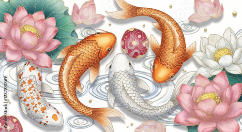 Harmonious watercolor koi fishes and lotus flowers illustration, symbolizing fortune and