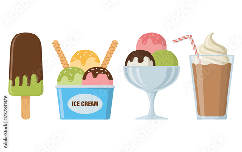 A collection of four different illustrated ice cream treats, including a popsicle, a cup, a sundae, and a milkshake.