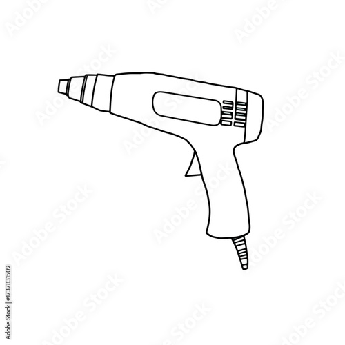 Simple illustration of heat gun on white background. Heat gun with black outline features handle and vents.