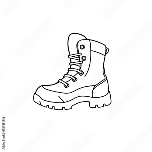 Military boot outline drawing in black and white, showing an isolated military boot with laces. Military boot shows detailed stitching and sturdy sole in minimalist sketch.