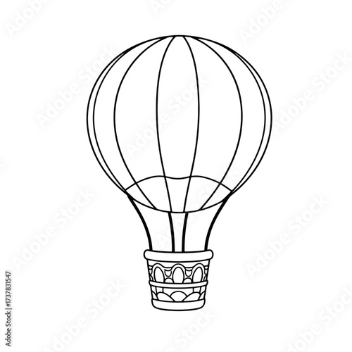 Isolated hot air balloon drawing in black and white, ready to be colored. Detailed hot air balloon drawing features intricate basket design, capturing adventurous essence.